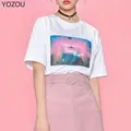 YOZOU-T-shirt graphique à manches courtes pour femme coton blanc néon coréen Y2K E Girl haut