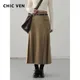 CHIC VEN-Jupe plissée taille haute britannique pour femme jupe trapèze unie longue vêtements pour