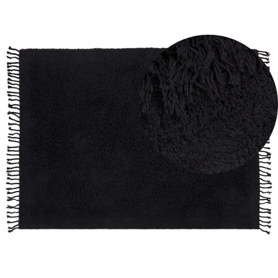 Teppich Schwarz Baumwolle Rechteckig 140 x 200 cm mit Fransen Getuftet Boho Langhaar Hochflor Shaggy Bettvorleger Läufer