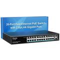 VIMIN 26 Port Fast Ethernet PoE+ Switch with 2 Gigabit Uplink Ports, 24 Port 10/100Mbps PoE Network Switch Unmanaged Support IEEE802.3af/at, Extend 250m, Vlan, 320W PoE Budget, Metal Case, Rackmount