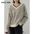 VEN – pull CHIC en laine tricoté pour femme col en v décontracté manches Raglan rayures