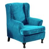 CZL Stretch Velvet Plush Wingback Chair Cover 2-Piece Wing Back Chair Slipcover Water Repellent Elastic T Cushion Armchair Protector Blue