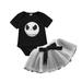 Kucnuzki Infant Baby Girl Clothes 3 Months Summer Skirt Sets 6 Months Short Sleeve Cute Halloween Skull Prints Romper Top Elastic Mesh Pleated Skirt 2PC Sets Black