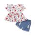 Kucnuzki 12 Months Toddler Girl Summer Outfits Shorts Sets 18 Months Short Sleeve Sweet Flower Prints Ruffles Cozy Peplum Tops Elastic Ripped Denim Shorts 2PCS Set White