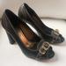 Coach Shoes | Coach Francie Peep-Toe Black Leather, Stitching, Buckle Accent Heels | Color: Black/Gold | Size: 7