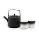 3-tlg. Asia Teekannen Set 1.2 Liter - schwarzer Teekessel aus Gusseisen mit Teefilter & 2 Porzellan Teebechern
