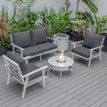 LeisureMod Walbrooke Modern Aluminum 5-Piece Patio Conversation Set with Outdoor Round Fire Pit Table & Side Table Tank Holder And Charcoal Cushions