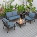LeisureMod Walbrooke Modern Aluminum 5-Piece Patio Conversation Set with Outdoor Square Fire Pit Table & Side Table Tank Holder And Navy Blue Cushions
