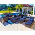 Sorrento 16-Piece Resin Wicker Outdoor Furniture Combination Set in with Loveseat Set Round Dining Seat and Chaise Lounge Set (Flat-Weave Brown Wicker Sunbrella Canvas Navy)
