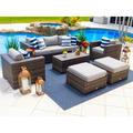 Sorrento 6-Piece L Resin Wicker Outdoor Patio Furniture Lounge Sofa Set in Brown w/ Three-seat Sofa Two Armchairs Two Ottomans and Coffee Table (Flat-Wicker Brown Wicker Polyester Light Gray)