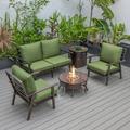 LeisureMod Walbrooke Modern Aluminum 5-Piece Patio Conversation Set with Outdoor Round Fire Pit Table & Side Table Tank Holder And Green Cushions