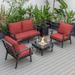 LeisureMod Walbrooke Modern Aluminum 5-Piece Patio Conversation Set with Outdoor Square Fire Pit Table with Slats Design & Side Table Tank Holder And Red Cushions