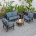 LeisureMod Walbrooke Modern Aluminum 5-Piece Patio Conversation Set with Outdoor Round Fire Pit Table with Slats Design & Side Table Tank Holder And Navy Blue Cushions