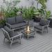 LeisureMod Walbrooke Modern Aluminum 5-Piece Patio Conversation Set with Outdoor Square Fire Pit Table with Slats Design & Side Table Tank Holder And Charcoal Cushions