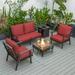 LeisureMod Walbrooke Modern Aluminum 5-Piece Patio Conversation Set with Outdoor Square Fire Pit Table & Side Table Tank Holder And Red Cushions