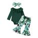 Calsunbaby St. Patrick s Day 3Pcs Baby Girls Outfits Lace Collar Romper Shamrock Flare Pants Headband Set Green 12-18 Months
