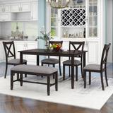6 Piece Kitchen Dining Table Set, Dining Table, 4 Fabric Chairs and Bench