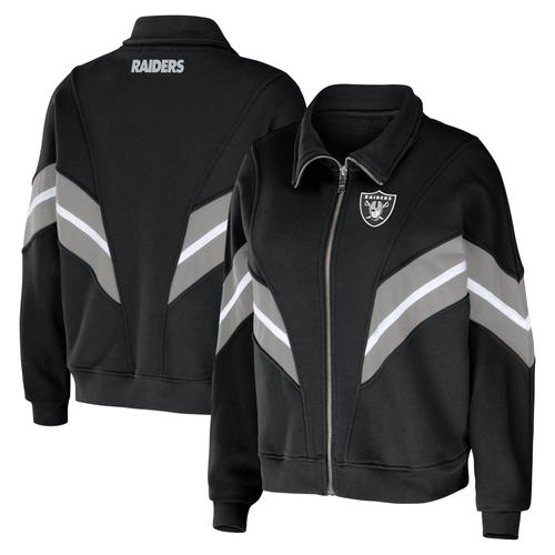 Damenbekleidung von Erin Andrews Schwarze Las Vegas Raiders Yarn Dye Stripe Jacke mit durchgehendem Reißverschluss