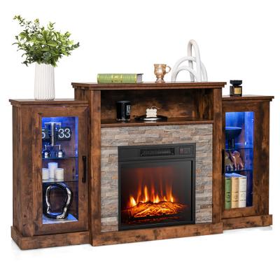 Costway Fireplace TV Stand with 16-Color Led Lights for TVs up to 65 Inch-Brown