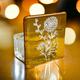 Birth flower glass tea light, November birth flower Chrysanthemum gift, fused glass .