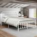 Queen Size Metal Bed Frame W/ Headboard Storage Steel Bed Slats, White