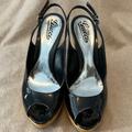 Gucci Shoes | Gucci Sophia Peep-Toe Patent Leather Sling-Back Wedge Shoes | Color: Black | Size: 8.5