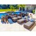 Sorrento 16-Piece Resin Wicker Outdoor Patio Furniture Combination Set in Brown w/ Sofa Set Six-seat Dining Set and Chaise Lounge Set (Flat-Weave Brown Wicker Sunbrella Canvas Taupe)