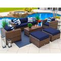 Tuscany 6-Piece L Resin Wicker Outdoor Patio Furniture Lounge Sofa Set with Three-seat Sofa Two Armchairs Two Ottomans and Coffee Table (Half-Round Brown Wicker Sunbrella Canvas Navy)