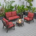 LeisureMod Walbrooke Modern Aluminum 5-Piece Patio Conversation Set with Outdoor Round Fire Pit Table with Slats Design & Side Table Tank Holder And Red Cushions
