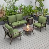 LeisureMod Walbrooke Modern Aluminum 5-Piece Patio Conversation Set with Outdoor Round Fire Pit Table with Slats Design & Side Table Tank Holder And Green Cushions