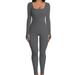 Women Ribbed Knit Jumpsuit Long Sleeve Square Neck Bodycon Romper Casual Solid Color One Piece Bodysuit