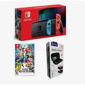 Nintendo Switch Neon Blue and Red Bundle with Super Smash Bros. Ultimate + Travel Case Kit (import with US Plug)