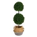 Nearly Natural 3.5 ft. Boxwood Double Ball Artificial Topiary Tree with Boho Chic Handmade Cotton & Jute Gray Woven Planter UV Resistant