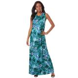 Plus Size Women's Ultrasmooth® Fabric Print Maxi Dress by Roaman's in Turq Tropical Leopard (Size 22/24) Stretch Jersey Long Length Printed