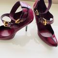 Louis Vuitton Shoes | Louis Vuitton Burgundy Ankle Straps Gold Buckles Heels Sz 6/36 | Color: Gold/Red | Size: 6