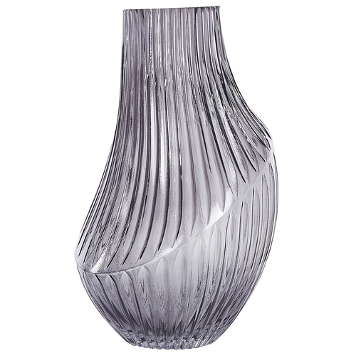 Blumenvase Grau Glas 36 cm Bauchig mit Breiter Öffnung Rillen-Struktur Modern Tischdeko Wohnaccessoires Deko Glasvase für Wohnzimmer Esstisch