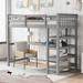 Gray Twin Size Loft Bed with Storage Shelves and Under-bed Desk