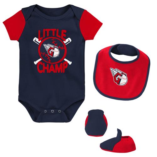 Cleveland Guardians Little Champ, 3er-Pack Body, Lätzchen und Füßlinge für Neugeborene und Kleinkinder, marineblau/rot