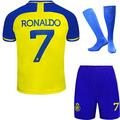 Soft Gardin Ronaldo No #7 Nassr Riyadh Al Home Football Soccer Jersey/Shorts Socks Gift Set Youth Sizes (Blue/Yellow, 16)