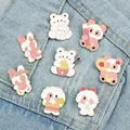 Broche en forme de lapin rose et blanc pour enfant Badge en émail Animal amusant lapin ours