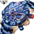 LIGE-Montre à quartz de luxe pour homme chronographe de sport étanche bleu marque supérieure