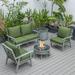 LeisureMod Walbrooke Modern Aluminum 5-Piece Patio Conversation Set with Outdoor Round Fire Pit Table & Side Table Tank Holder And Green Cushions