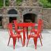 BizChair Commercial Grade 30 Round Red Metal Indoor-Outdoor Table Set with 4 Cafe Chairs