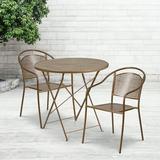 Emma + Oliver Commercial Grade 30 Round Gold Folding Patio Table Set-2 Round Back Chairs