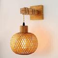 Liyabber Wall Lamp Indoor Vintage Bamboo Lantern Lamp, E27 Retro Nylon Rope Wall Lamp Made of Metal and Wood, Industrial Wall Lamp Made of Hand Woven Rattan for Bedroom Living Room (Without Bulb)