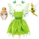 Robe de fée clochette verte pour filles costume d'elfe ensemble de perruques ailes de papillon
