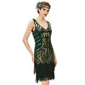 BABEYOND Damen Flapper Kleider 1920er Jahre V-Ausschnitt Perlen Fransen Great Gatsby Kleid, Gold und Dunkelgrün, X-Small