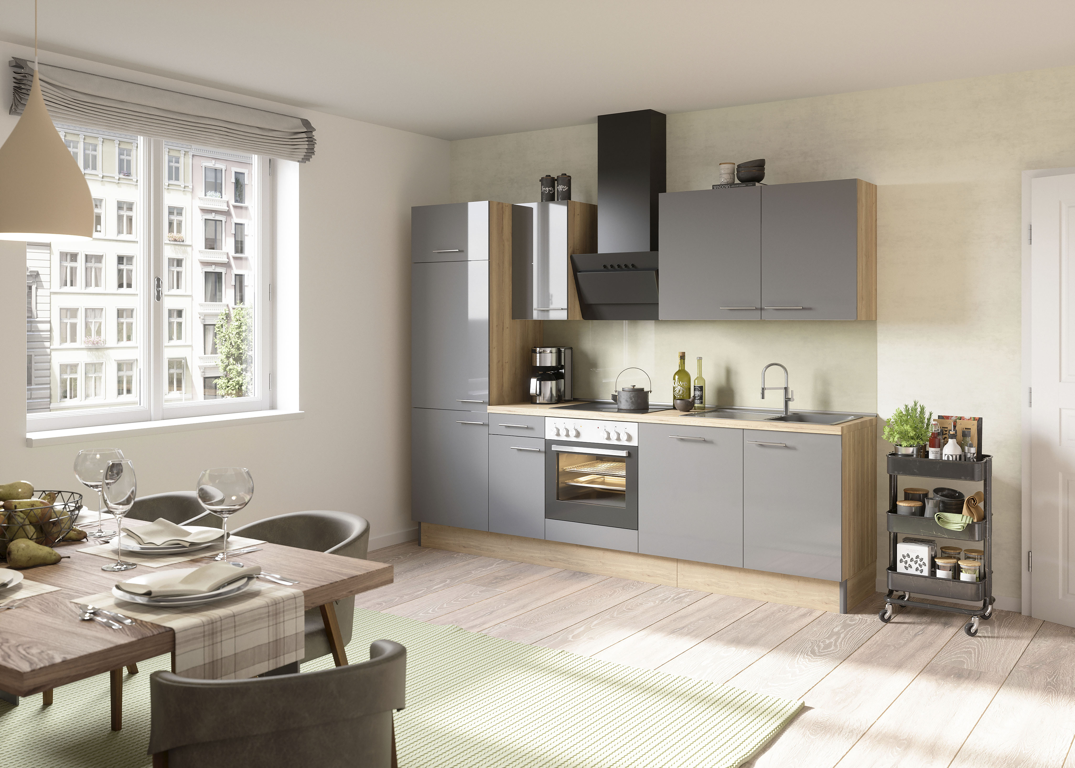 Küche OPTIFIT "Klara", braun (küche: grau, front: anthrazit lackiert, korpus: wildeichefarben, arbeitsplatte: wildeichefarben), B:270cm T:60cm, Komplettküchen-Sets, Breite 270 cm, wahlweise mit E-Geräten