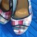 J. Crew Shoes | J. Crew Wedges. Size 6. A Spot On Woven Heel And Glue Stains. Pretty Plaid! | Color: Blue/Red | Size: 6