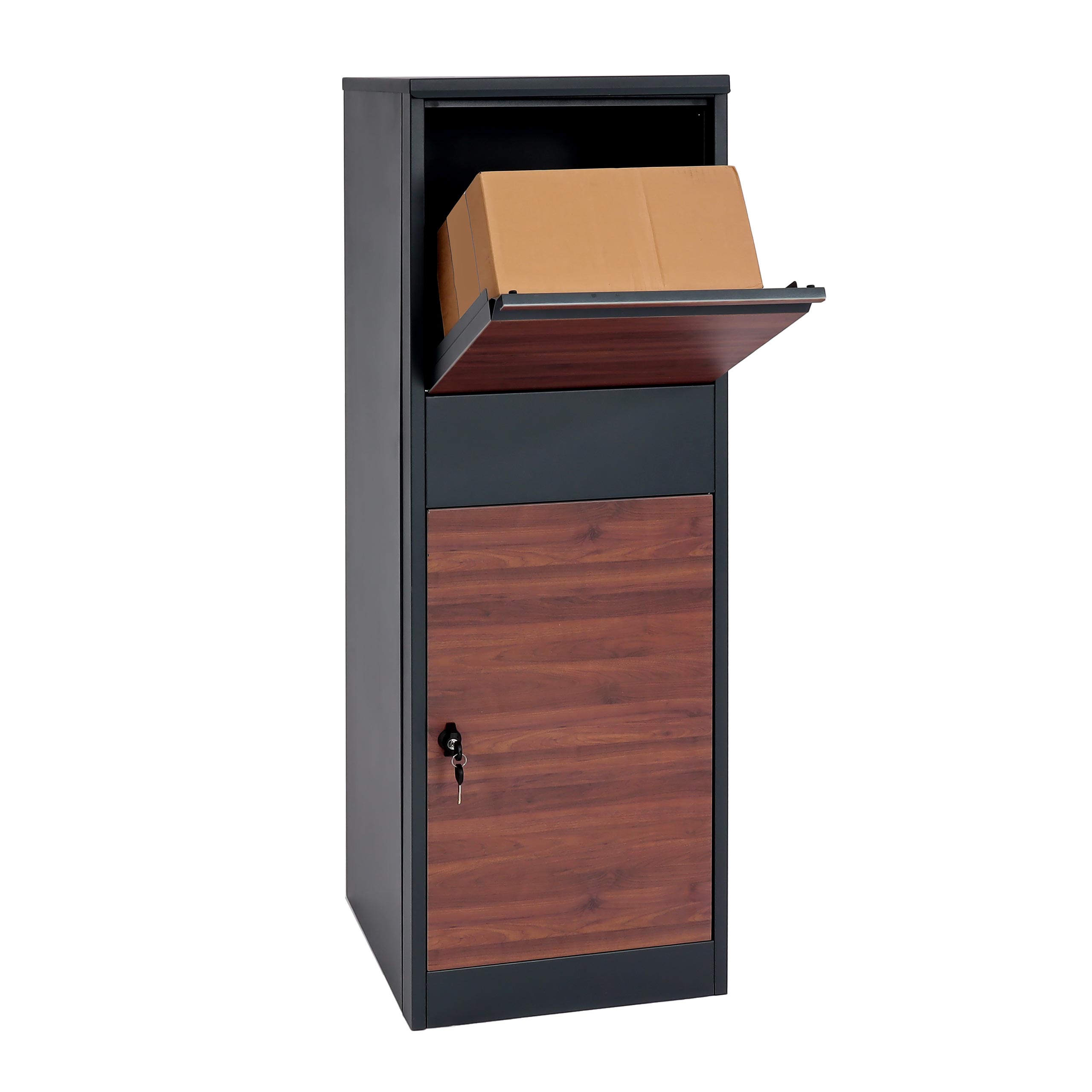 Paketkasten HWC-G80, Paketbox Standbriefkasten Paketbriefkasten Größe XL ~ verzinkt anthrazit Holzoptik dunkelbraun